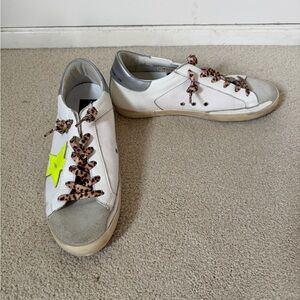 Golden Goose White Sneakers with Neon Star and Leopard Laces
